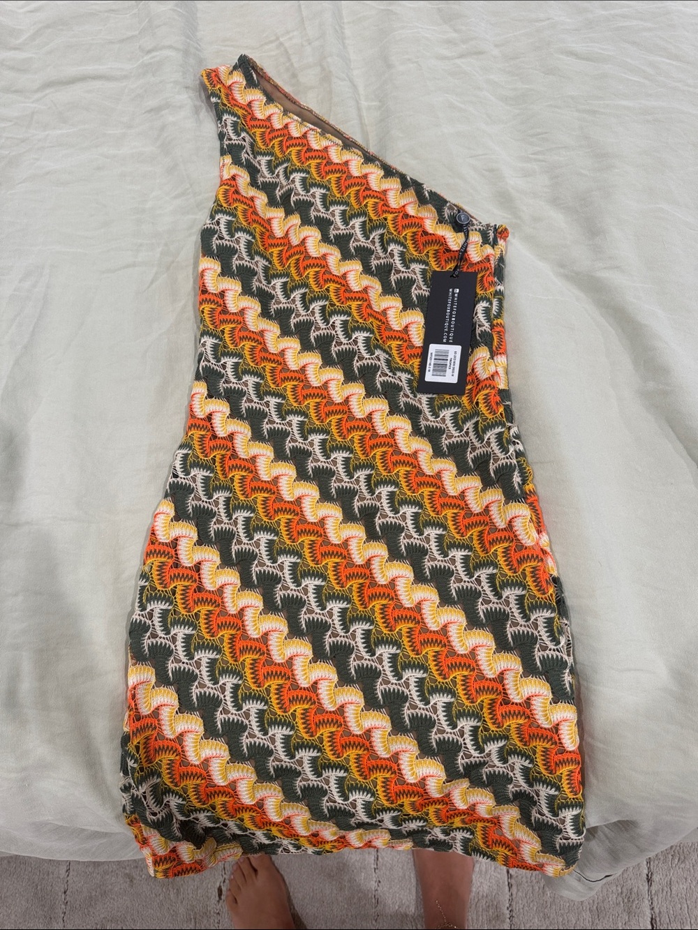 White Fox Boutique One-Shoulder Crochet Chevron Mini in Olive, Orange & Cream
